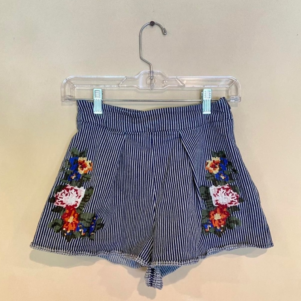 Striped Embroidered Floral Shorts
